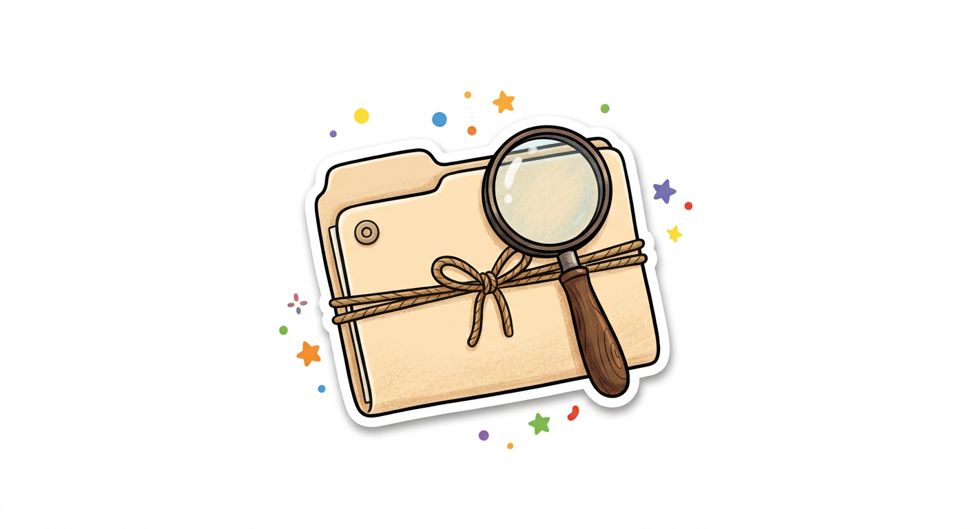 Illustration of a case folder tied with string and a magnifying glass