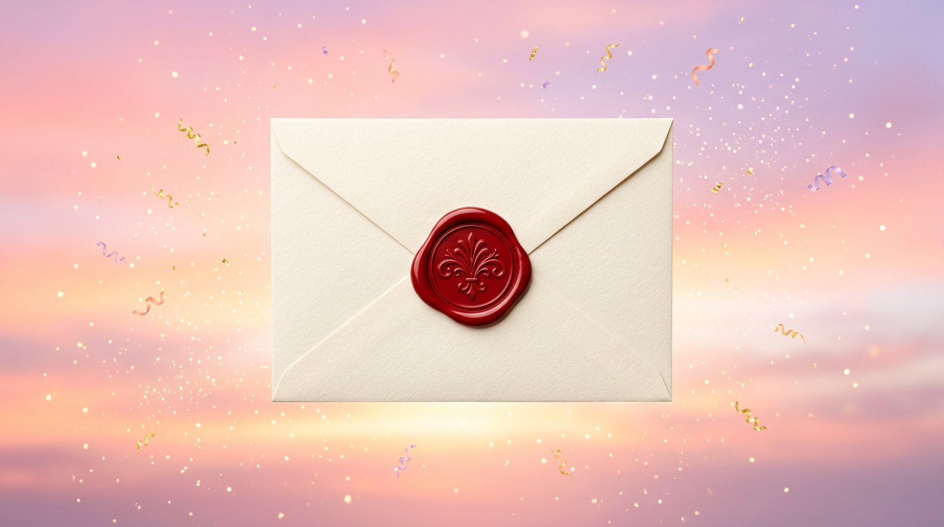 Illustration of a cream envelope closed with a red wax seal